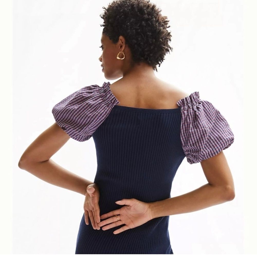 NEW Maeve By Anthropologie Navy Blue Rib Knit Short Puff Sleeves Sweater Dress M - Picture 5 of 13
